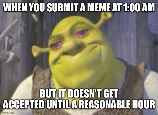 I guess I am the only one who doesn’t sleep | WHEN YOU SUBMIT A MEME AT 1:00 AM; BUT IT DOESN’T GET ACCEPTED UNTIL A REASONABLE HOUR | image tagged in shrek with insomnia | made w/ Imgflip meme maker