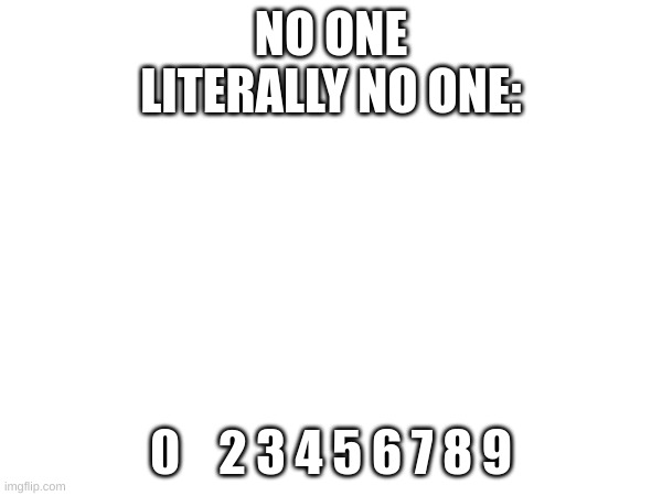 NO ONE
LITERALLY NO ONE:; 0    2 3 4 5 6 7 8 9 | image tagged in no one | made w/ Imgflip meme maker