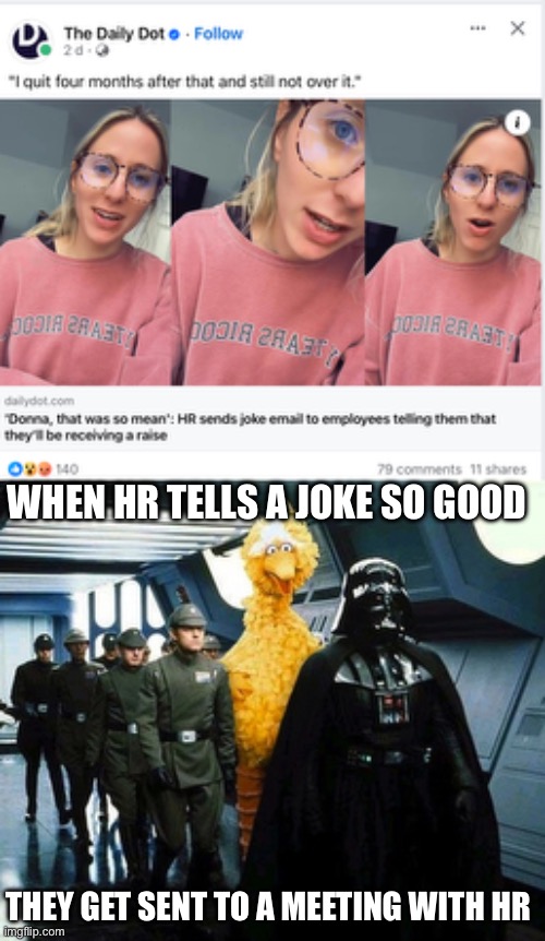 Out-HR the HR | WHEN HR TELLS A JOKE SO GOOD; THEY GET SENT TO A MEETING WITH HR | image tagged in vader big bird,email,joke,meeting,unfunny | made w/ Imgflip meme maker