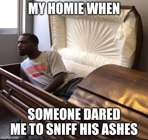 Coffin | MY HOMIE WHEN; SOMEONE DARED ME TO SNIFF HIS ASHES | image tagged in coffin | made w/ Imgflip meme maker