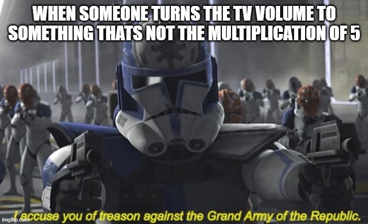 tv volume | WHEN SOMEONE TURNS THE TV VOLUME TO SOMETHING THATS NOT THE MULTIPLICATION OF 5 | image tagged in i accuse you of treason against the grand army of the republic | made w/ Imgflip meme maker