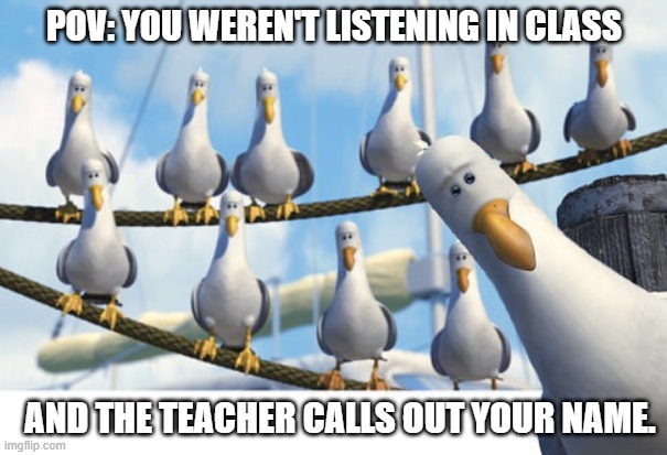 POV: You weren't listening in class and the teacher calls out your name. | POV: YOU WEREN'T LISTENING IN CLASS; AND THE TEACHER CALLS OUT YOUR NAME. | image tagged in finding nemo seagulls | made w/ Imgflip meme maker