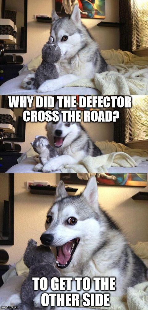 Cold war pun dog | WHY DID THE DEFECTOR CROSS THE ROAD? TO GET TO THE OTHER SIDE | image tagged in memes,pun dog | made w/ Imgflip meme maker