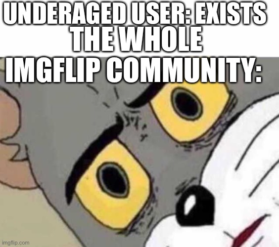 Real | UNDERAGED USER: EXISTS; THE WHOLE IMGFLIP COMMUNITY: | image tagged in tom cat unsettled close up | made w/ Imgflip meme maker