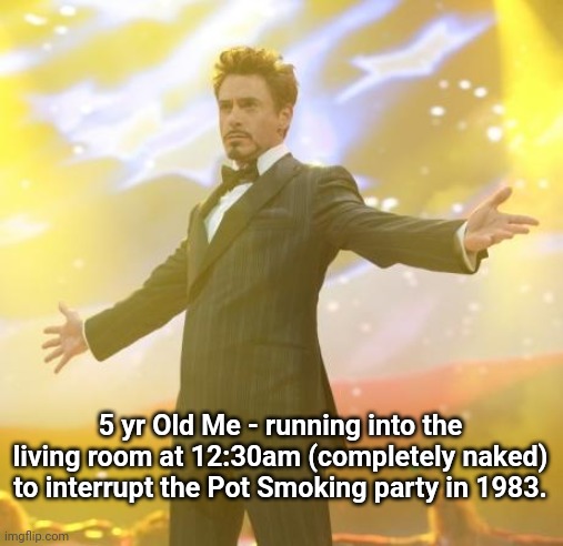 Robert Downey Jr Iron Man | 5 yr Old Me - running into the living room at 12:30am (completely naked) to interrupt the Pot Smoking party in 1983. | image tagged in robert downey jr iron man,naked | made w/ Imgflip meme maker