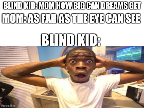 Blank White Template | BLIND KID: MOM HOW BIG CAN DREAMS GET; MOM: AS FAR AS THE EYE CAN SEE; BLIND KID: | image tagged in blank white template | made w/ Imgflip meme maker