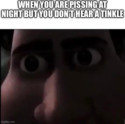 WHEN YOU ARE PISSING AT NIGHT BUT YOU DON’T HEAR A TINKLE | image tagged in blank white template,tighten stare | made w/ Imgflip meme maker