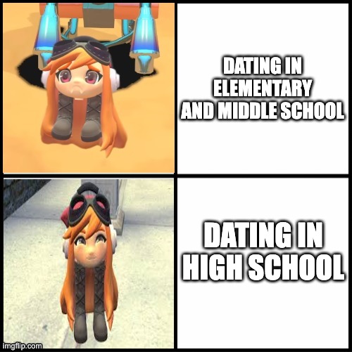 Goomba meggy hotline bling | DATING IN ELEMENTARY AND MIDDLE SCHOOL; DATING IN HIGH SCHOOL | image tagged in goomba meggy hotline bling | made w/ Imgflip meme maker
