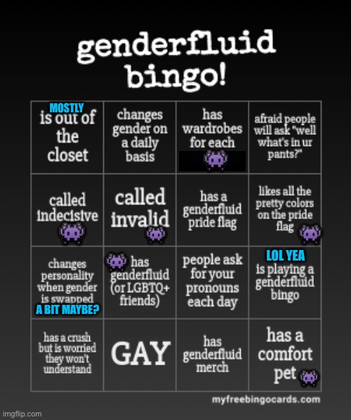 OneDepressedRose's Genderfluid Bingo (no bingo) | MOSTLY; 👾; 👾; 👾; 👾; LOL YEA; 👾; A BIT MAYBE? 👾 | image tagged in onedepressedrose's genderfluid bingo,genderfluid,lgbtq | made w/ Imgflip meme maker