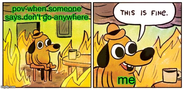 This Is Fine | pov when someone says don't go anywhere; me | image tagged in memes,this is fine | made w/ Imgflip meme maker