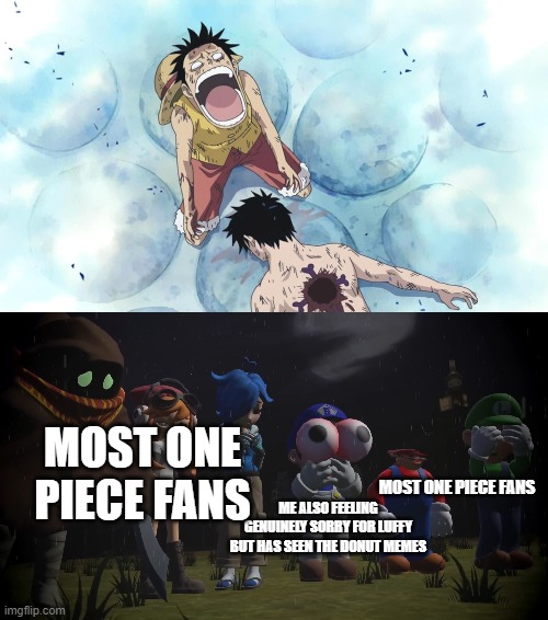 MOST ONE PIECE FANS; MOST ONE PIECE FANS; ME ALSO FEELING GENUINELY SORRY FOR LUFFY BUT HAS SEEN THE DONUT MEMES | image tagged in memes,one piece,smg4,donut | made w/ Imgflip meme maker