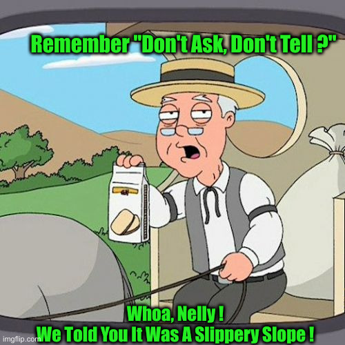 Pepperidge Farm Remembers Meme | Remember "Don't Ask, Don't Tell ?" Whoa, Nelly !
We Told You It Was A Slippery Slope ! | image tagged in memes,pepperidge farm remembers | made w/ Imgflip meme maker