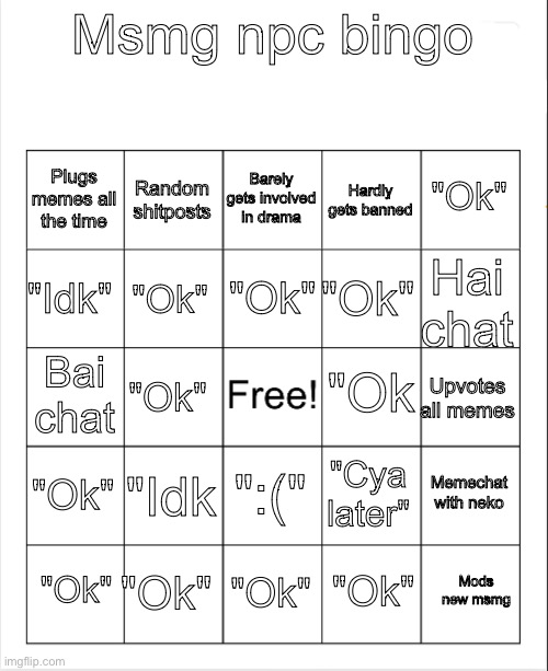 Blank Bingo | Msmg npc bingo; Barely gets involved in drama; Random shitposts; "Ok"; Plugs memes all the time; Hardly gets banned; "Ok"; "Idk"; Hai chat; "Ok"; "Ok"; "Ok; Bai chat; "Ok"; Upvotes all memes; "Ok"; "Idk; Memechat with neko; ":("; "Cya later"; "Ok"; Mods new msmg; "Ok"; "Ok"; "Ok" | image tagged in blank bingo | made w/ Imgflip meme maker