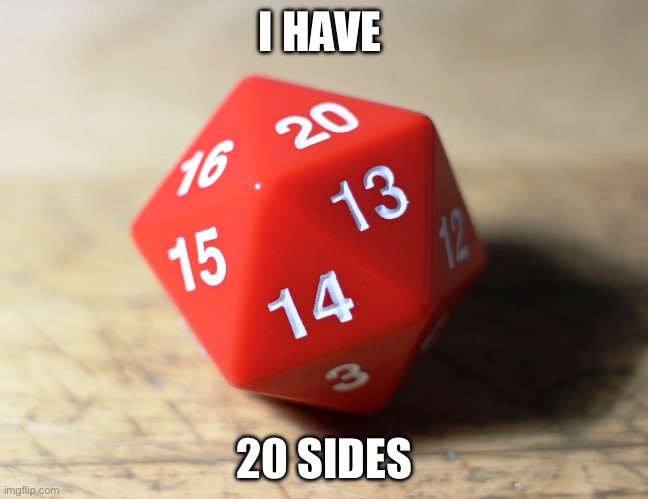 D20 2 | I HAVE; 20 SIDES | image tagged in d20 2 | made w/ Imgflip meme maker