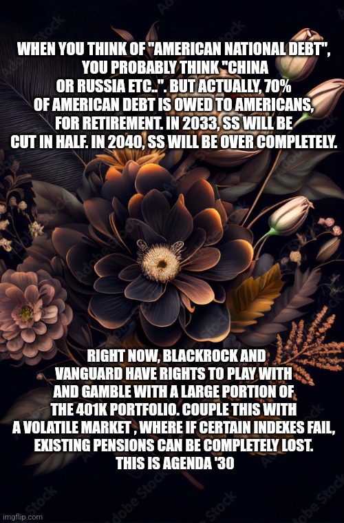 WHEN YOU THINK OF "AMERICAN NATIONAL DEBT",
 YOU PROBABLY THINK "CHINA OR RUSSIA ETC..". BUT ACTUALLY, 70% OF AMERICAN DEBT IS OWED TO AMERICANS, FOR RETIREMENT. IN 2033, SS WILL BE CUT IN HALF. IN 2040, SS WILL BE OVER COMPLETELY. RIGHT NOW, BLACKROCK AND VANGUARD HAVE RIGHTS TO PLAY WITH AND GAMBLE WITH A LARGE PORTION OF THE 401K PORTFOLIO. COUPLE THIS WITH A VOLATILE MARKET , WHERE IF CERTAIN INDEXES FAIL,
 EXISTING PENSIONS CAN BE COMPLETELY LOST. 
 THIS IS AGENDA '30 | image tagged in funny memes | made w/ Imgflip meme maker