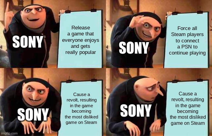 Gru's Plan Meme | Release a game that everyone enjoys and gets really popular; Force all Steam players to connect a PSN to continue playing; SONY; SONY; Cause a revolt, resulting in the game becoming the most disliked game on Steam; Cause a revolt, resulting in the game becoming the most disliked game on Steam; SONY; SONY | image tagged in memes,gru's plan | made w/ Imgflip meme maker