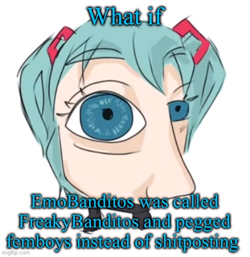 Hatsune Miku eye | What if; EmoBanditos was called FreakyBanditos and pegged femboys instead of shitposting | image tagged in hatsune miku eye | made w/ Imgflip meme maker