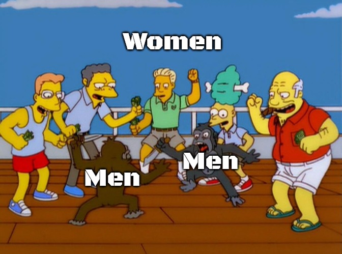 Simpsons Monkey Fight | Women; Men; Men | image tagged in simpsons monkey fight,slavic | made w/ Imgflip meme maker