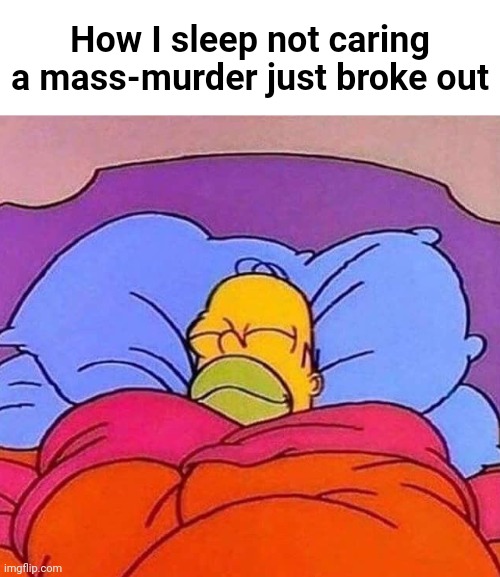 Lmaoooo | How I sleep not caring a mass-murder just broke out | image tagged in homer simpson sleeping peacefully | made w/ Imgflip meme maker