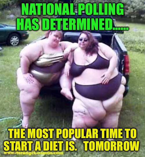 Best time to start a diet | NATIONAL POLLING HAS DETERMINED……; THE MOST POPULAR TIME TO START A DIET IS.   TOMORROW | image tagged in fat girl's on a truck,funny,girls,diet | made w/ Imgflip meme maker