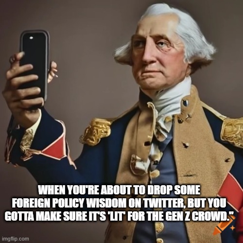 George Washington | WHEN YOU'RE ABOUT TO DROP SOME FOREIGN POLICY WISDOM ON TWITTER, BUT YOU GOTTA MAKE SURE IT'S 'LIT' FOR THE GEN Z CROWD." | image tagged in george washington | made w/ Imgflip meme maker