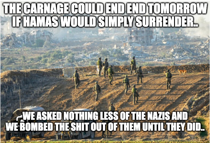 Israel in Gaza | THE CARNAGE COULD END END TOMORROW IF HAMAS WOULD SIMPLY SURRENDER.. WE ASKED NOTHING LESS OF THE NAZIS AND WE BOMBED THE SHIT OUT OF THEM UNTIL THEY DID.. | image tagged in israel in gaza | made w/ Imgflip meme maker
