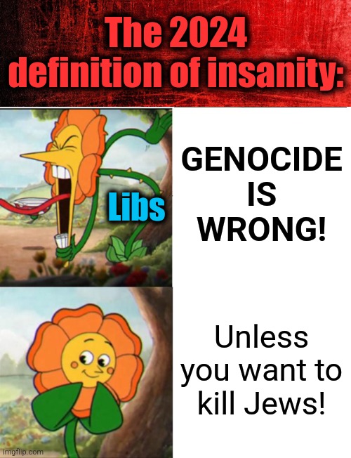The 2024 definition of insanity:; GENOCIDE IS WRONG! Libs; Unless you want to kill Jews! | image tagged in cuphead flower,memes,democrats,antisemitism,jews,israel | made w/ Imgflip meme maker