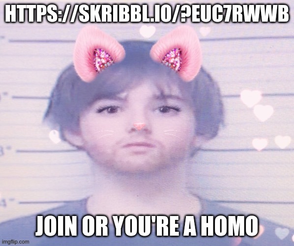 https://skribbl.io/?euC7RWwB | HTTPS://SKRIBBL.IO/?EUC7RWWB; JOIN OR YOU'RE A HOMO | image tagged in lazymazy mugshot but he's a femboy | made w/ Imgflip meme maker