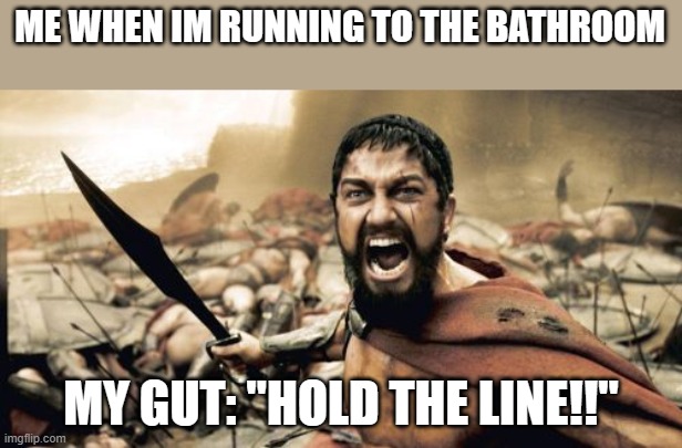 Running to the bathroom be like: | ME WHEN IM RUNNING TO THE BATHROOM; MY GUT: "HOLD THE LINE!!" | image tagged in memes,sparta leonidas | made w/ Imgflip meme maker