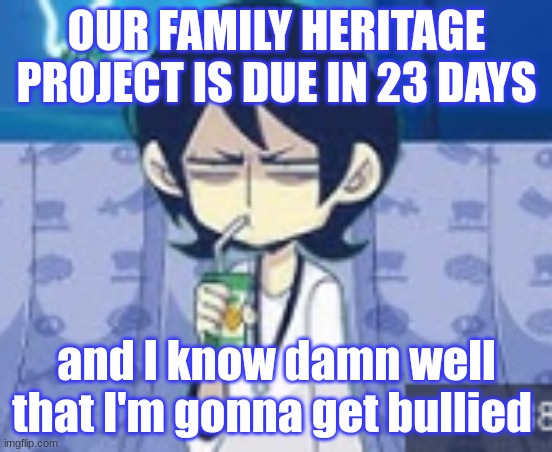 cant have a heritage that isn't from a western country in 2024 smh | OUR FAMILY HERITAGE PROJECT IS DUE IN 23 DAYS; and I know damn well that I'm gonna get bullied | image tagged in tophamhat-kyo fml template | made w/ Imgflip meme maker