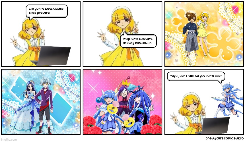 Yayoi writes fanfiction (made by me, comic.studio) | image tagged in precure,smile precure,doki doki precure,comic studio | made w/ Imgflip meme maker