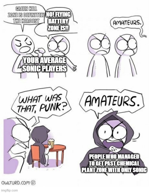 that purple-pink chemical stuff is SO annoying... | GREEN HILL ZONE IS DEFINITELY THE HARDEST; NO! FLYING BATTERY ZONE IS!! YOUR AVERAGE SONIC PLAYERS; PEOPLE WHO MANAGED TO GET PAST CHEMICAL PLANT ZONE WITH ONLY SONIC | image tagged in amateurs | made w/ Imgflip meme maker