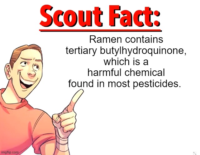 Scout Fact | Ramen contains tertiary butylhydroquinone, which is a harmful chemical found in most pesticides. | image tagged in scout fact | made w/ Imgflip meme maker