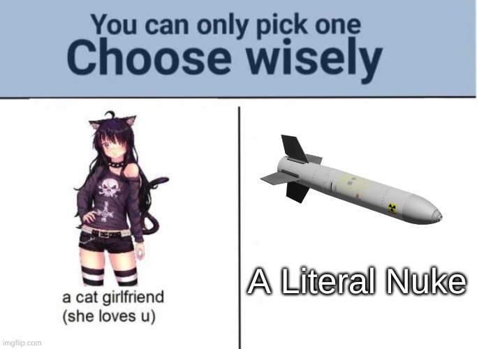 oh god | A Literal Nuke | image tagged in choose wisely,nuke,ww3 | made w/ Imgflip meme maker