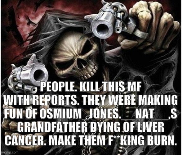 https://imgflip.com/user/cherubing | PEOPLE. KILL THIS MF WITH REPORTS. THEY WERE MAKING FUN OF OSMIUM_JONES.__NAT__,S GRANDFATHER DYING OF LIVER CANCER. MAKE THEM F**KING BURN. | image tagged in badass skeleton | made w/ Imgflip meme maker