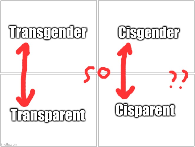 cisparent isn't a word :( | Cisgender; Transgender; Transparent; Cisparent | image tagged in 4 boxes | made w/ Imgflip meme maker