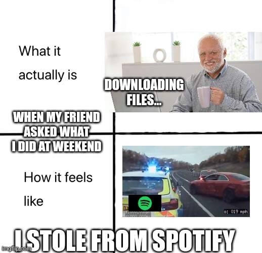 Life | DOWNLOADING FILES... WHEN MY FRIEND ASKED WHAT I DID AT WEEKEND; I STOLE FROM SPOTIFY | image tagged in funny,relatable,hacking,music,spotify | made w/ Imgflip meme maker