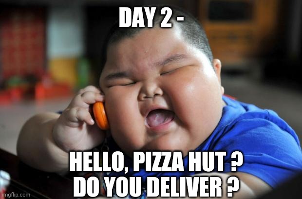 Fat Asian Kid | DAY 2 - HELLO, PIZZA HUT ?
DO YOU DELIVER ? | image tagged in fat asian kid | made w/ Imgflip meme maker
