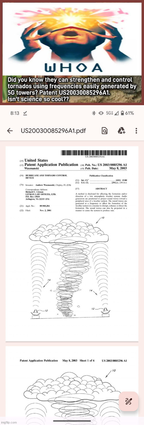 Isn't $cience cool? Controlling tornadoes with 5G... | image tagged in us patent,5g,tornado,control | made w/ Imgflip meme maker