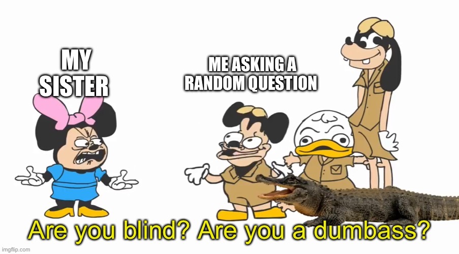 Am I blind? | MY SISTER; ME ASKING A RANDOM QUESTION | image tagged in are you blind | made w/ Imgflip meme maker