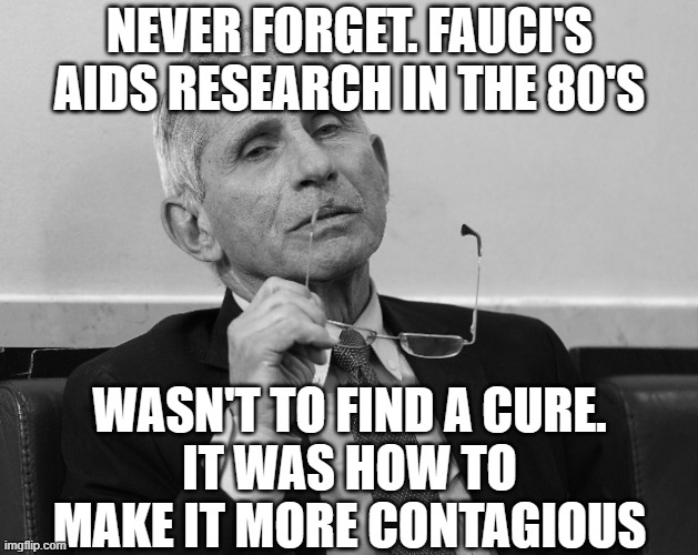 Dr. Fauci | NEVER FORGET. FAUCI'S AIDS RESEARCH IN THE 80'S WASN'T TO FIND A CURE.
IT WAS HOW TO MAKE IT MORE CONTAGIOUS | image tagged in dr fauci | made w/ Imgflip meme maker