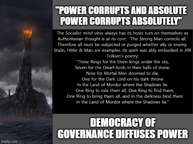 "POWER CORRUPTS AND ABSOLUTE POWER CORRUPTS ABSOLUTELY"; DEMOCRACY OF GOVERNANCE DIFFUSES POWER | made w/ Imgflip meme maker