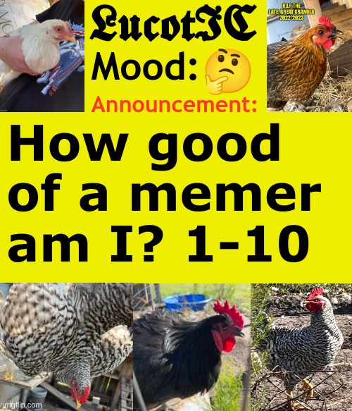 LucotIC's Cocks announcement template | 🤔; How good of a memer am I? 1-10 | image tagged in lucotic's cocks announcement template | made w/ Imgflip meme maker