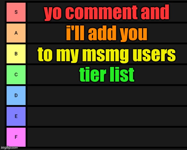 Tier List | yo comment and; i'll add you; to my msmg users; tier list | image tagged in tier list | made w/ Imgflip meme maker