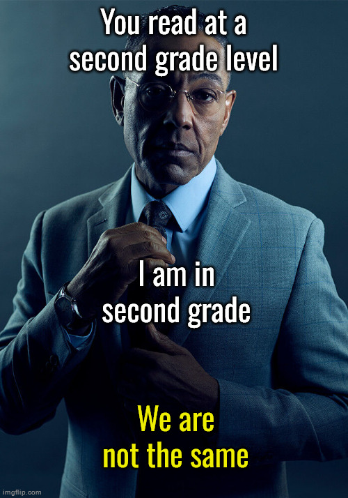 Gus Fring we are not the same | You read at a second grade level; I am in second grade; We are not the same | image tagged in gus fring we are not the same | made w/ Imgflip meme maker
