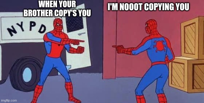 Spider Man Double | WHEN YOUR BROTHER COPY'S YOU; I'M NOOOT COPYING YOU | image tagged in spider man double | made w/ Imgflip meme maker