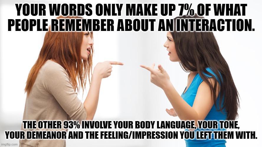 Conflict | YOUR WORDS ONLY MAKE UP 7% OF WHAT PEOPLE REMEMBER ABOUT AN INTERACTION. THE OTHER 93% INVOLVE YOUR BODY LANGUAGE, YOUR TONE, YOUR DEMEANOR AND THE FEELING/IMPRESSION YOU LEFT THEM WITH. | image tagged in why must you hurt me in this way,feelings,marriage,conflict,truth | made w/ Imgflip meme maker