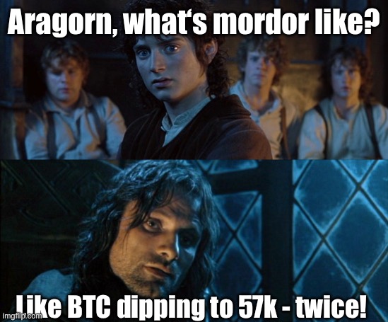 Aragorn explains Mordor via BTC | Aragorn, what‘s mordor like? Like BTC dipping to 57k - twice! | image tagged in lotr they were once men,bitcoin,cryptocurrency,hobbits | made w/ Imgflip meme maker