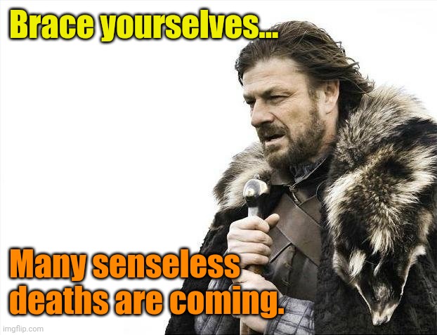 Brace Yourselves X is Coming Meme | Brace yourselves... Many senseless deaths are coming. | image tagged in memes,brace yourselves x is coming | made w/ Imgflip meme maker