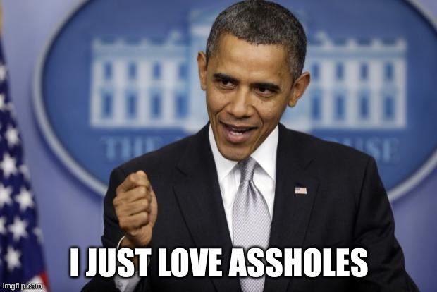 Barack Obama | I JUST LOVE ASSHOLES | image tagged in barack obama | made w/ Imgflip meme maker